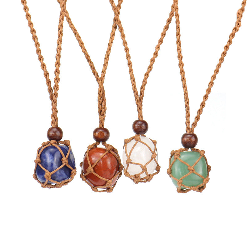 Crystal Tumbled Stones Woven Mesh Pendant Necklaces GEMROCKY-Jewelry-